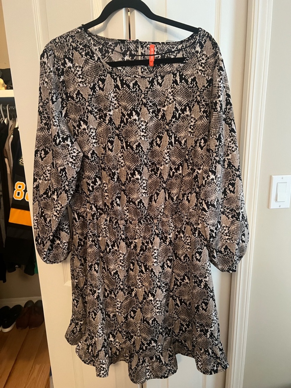 Joe Fresh Black and Cream Snake-Print Long Sleeve Dress